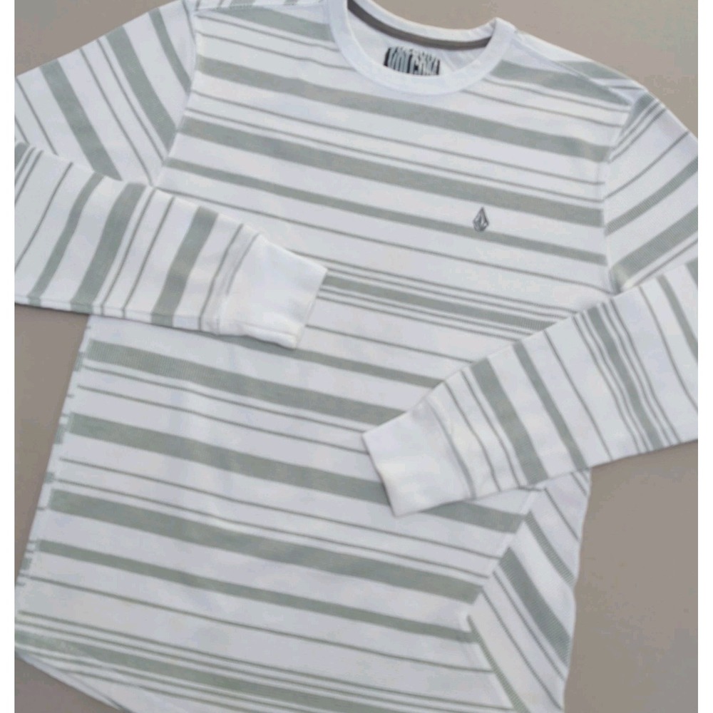 Vtg Volcom Mens XL Striped Waffle Knit Thermal Long Slv Shirt White Gray Skater